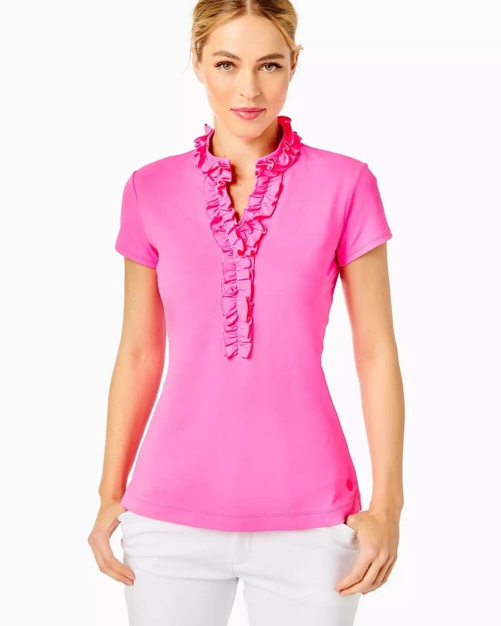 Lilly Pulitzer Luxletic Frida Ruffle Polo Shirt UPF 50+ Pink Large L
